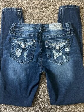 Miss Me Dark Blue Embroidered Distressed Skinny Mid-Rise Jeans Size 26